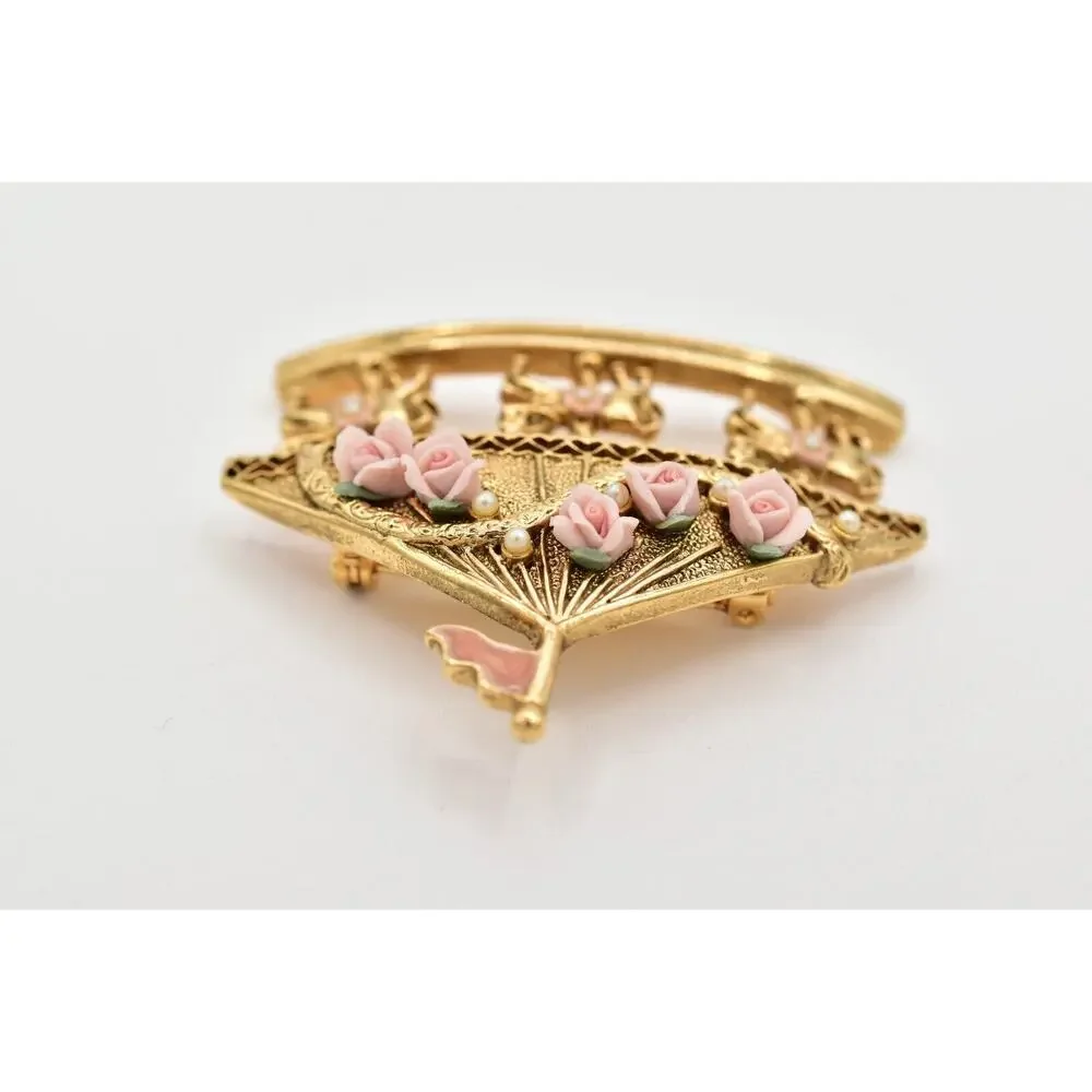 1928 Vintage Carousal Pin Brooch Horse Gold Pink Roses Romantic 1980s BinBG